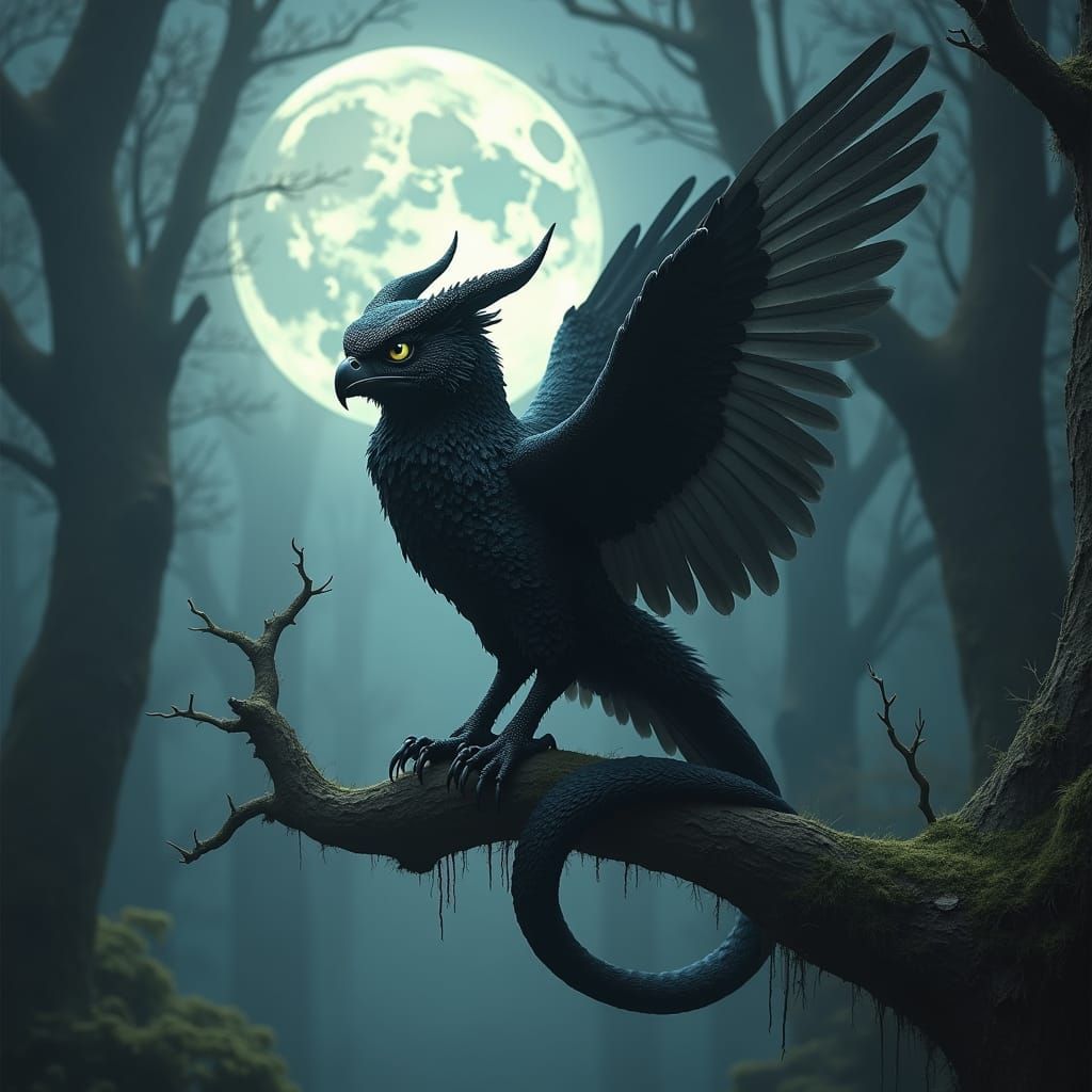 Serpent Owl in Moonlit Forest, Dark Surrealism