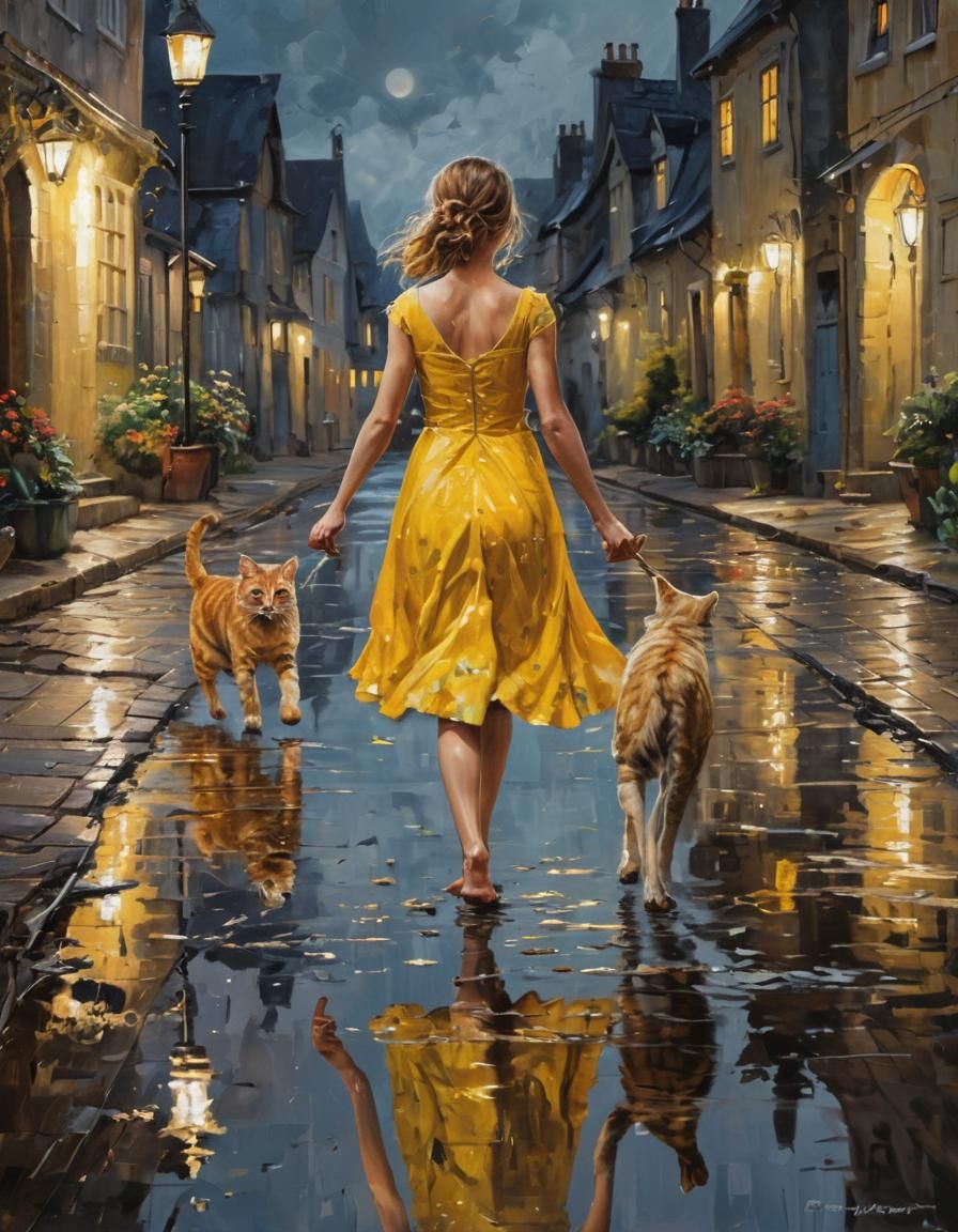 Palette Knife Painting of Girl and Cat at Night