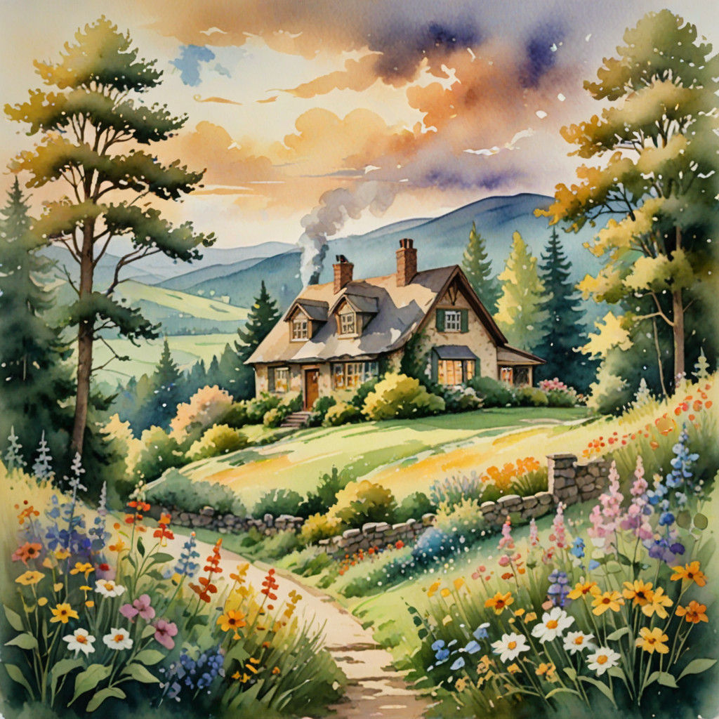 Idyllic Watercolor Hill Cottage Scene with Blooming Wildflow...