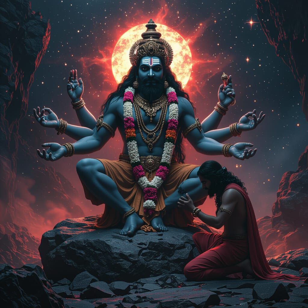 Narasimha Bhagwan Dark Fantasy Scene in 3D Rendered Style