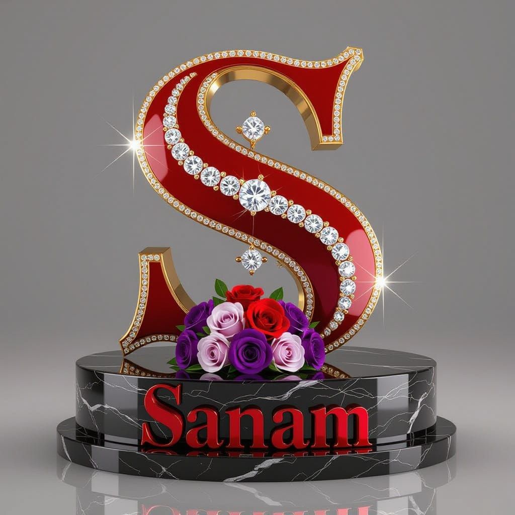Luxury 3D Letter S with "Sanam" Text and Roses