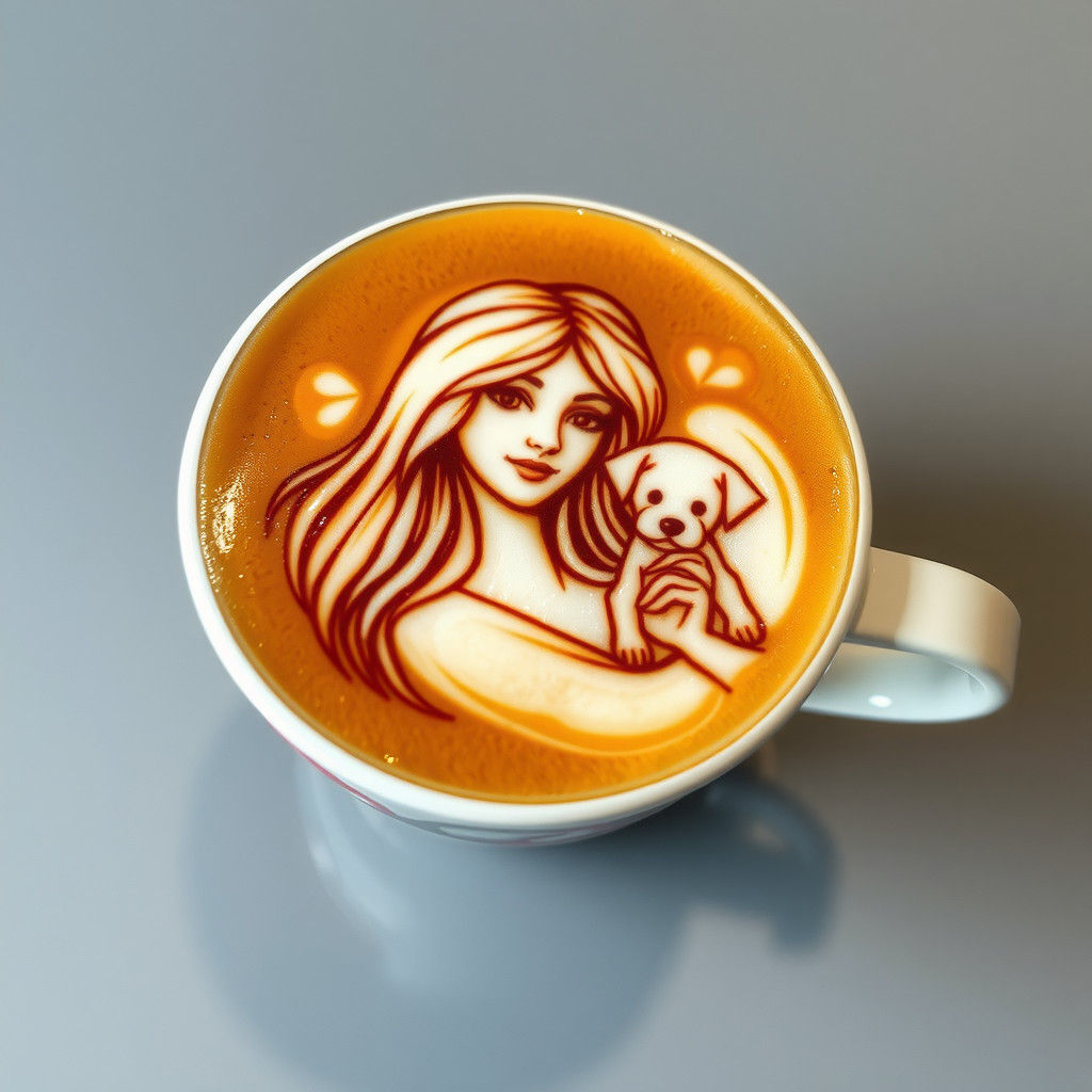 Latte Art Portrait of Girl with Puppy