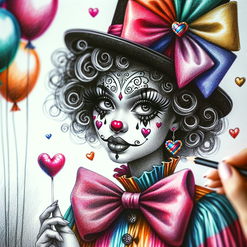 Whimsical Clown Girl with Expressive Eyes and Colorful Outfi...