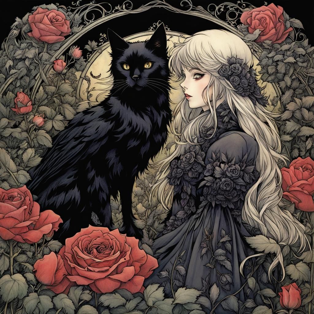 Black Cat and Raven in Rose Garden, Anime Style
