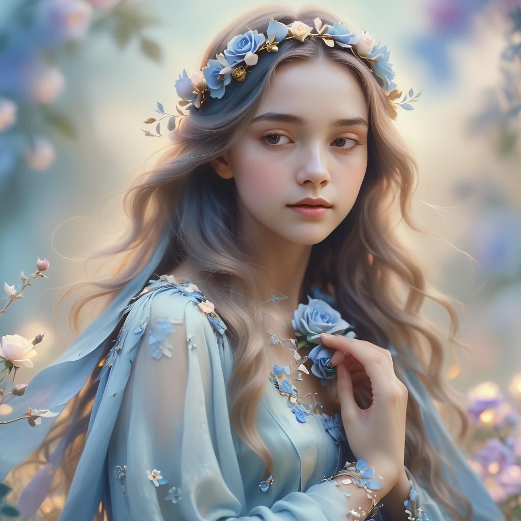 Woman Crafts Blue Roses in Dreamlike Garden