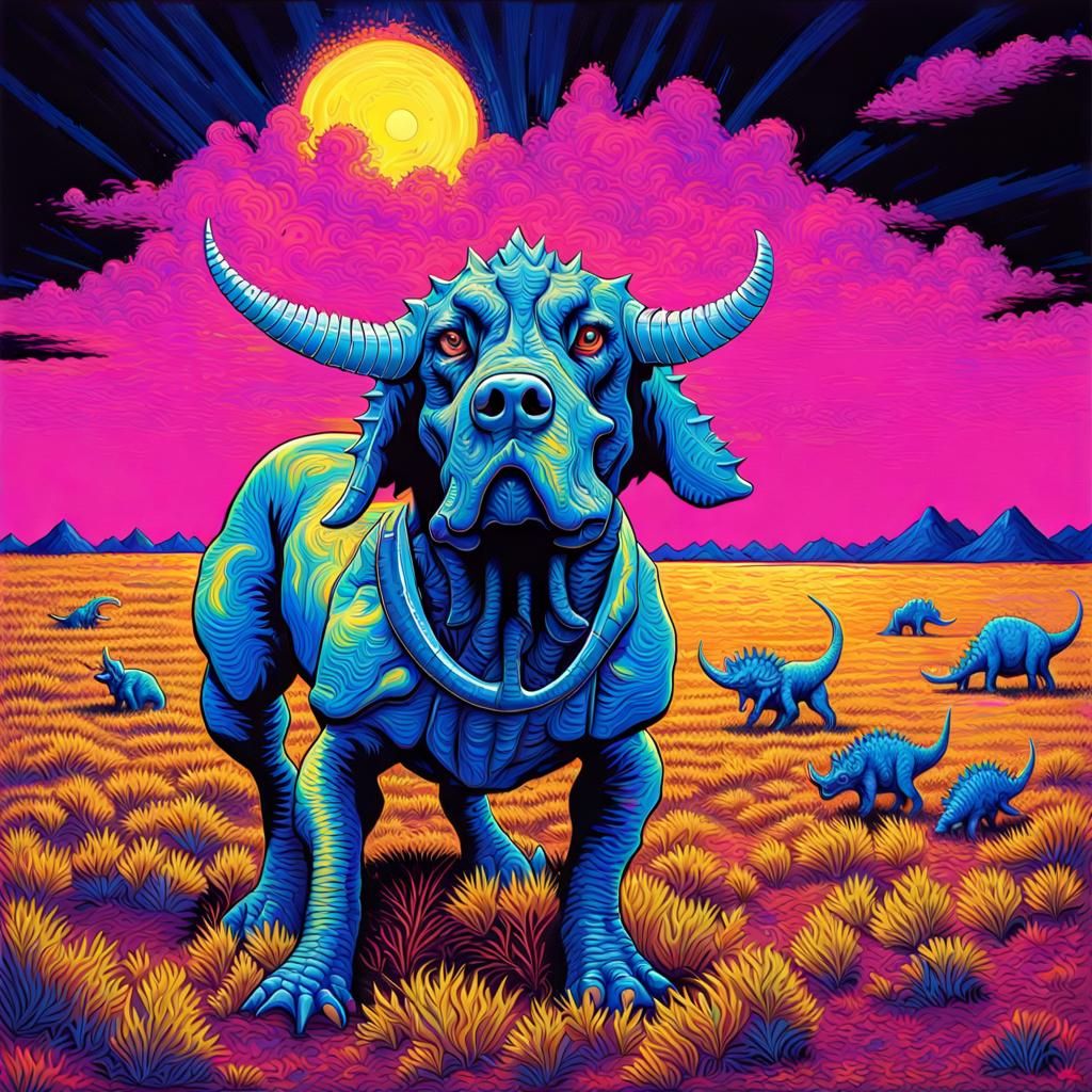 Neon Triceratops Spaniel in Impasto Style