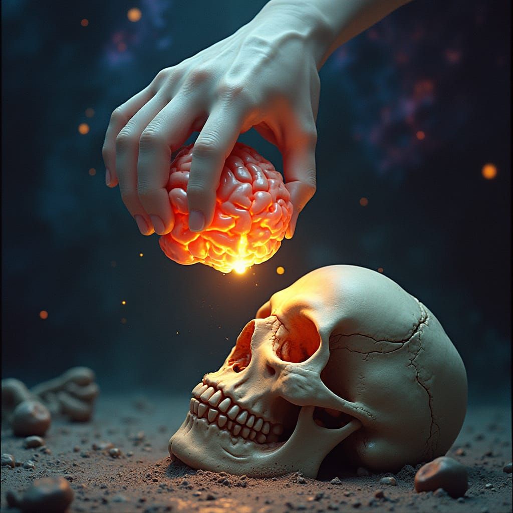 Surreal Ghostly Hand Steals Glowing Brain from Skull