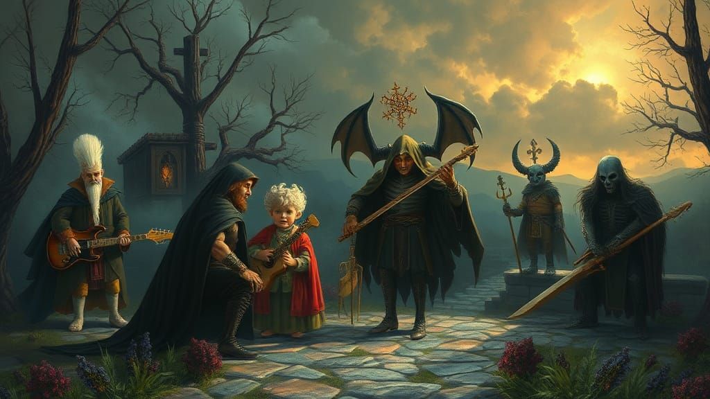 Sinister Retro Game Characters in Dark Landscape