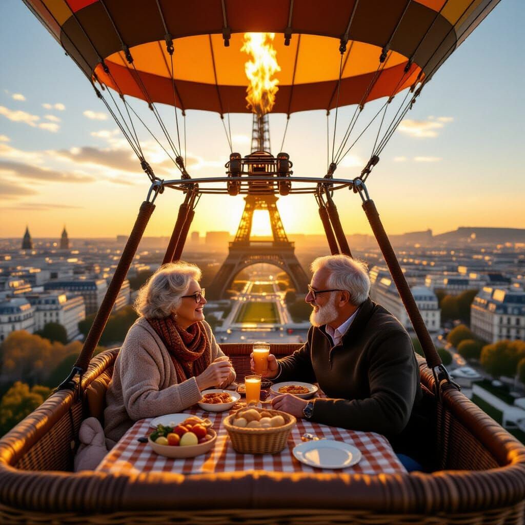 Grandparents Picnic Aboard Hot Air Balloon Over Eiffel Tower