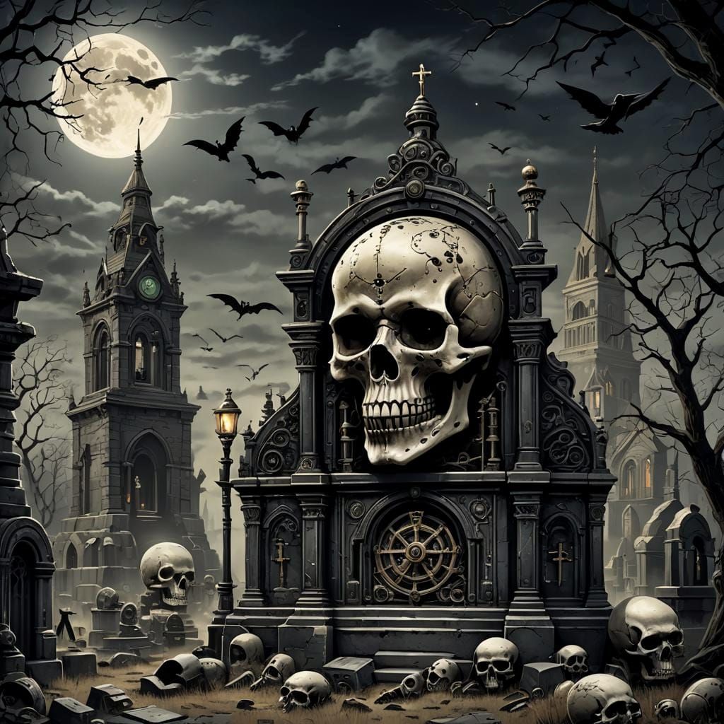 Steampunk Skull Tomb in Graveyard at Night