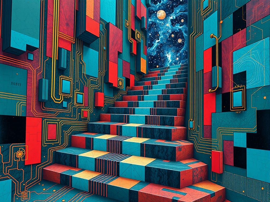 Cosmic Stairway to Infinity in Vibrant Teslapunk Style
