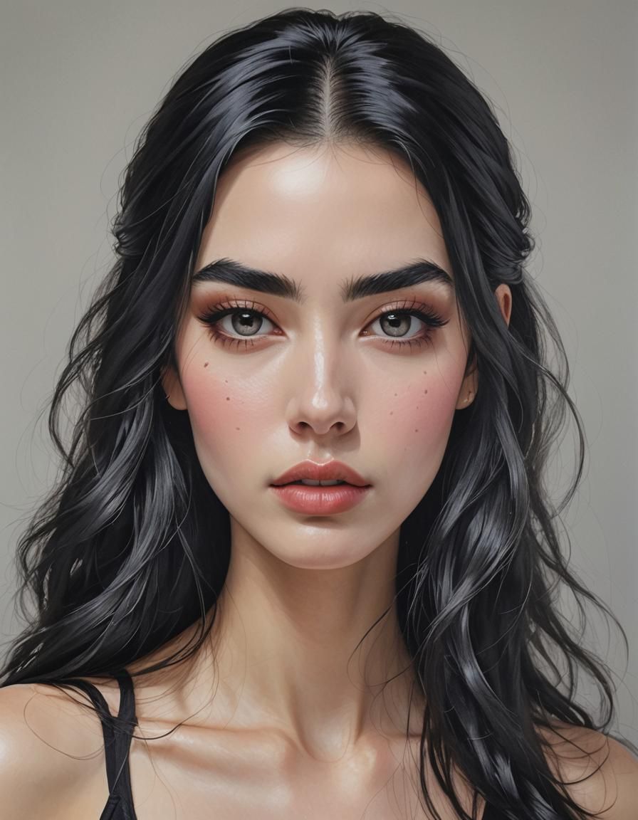 Striking Portrait: Pale Figure with Long Black Hair