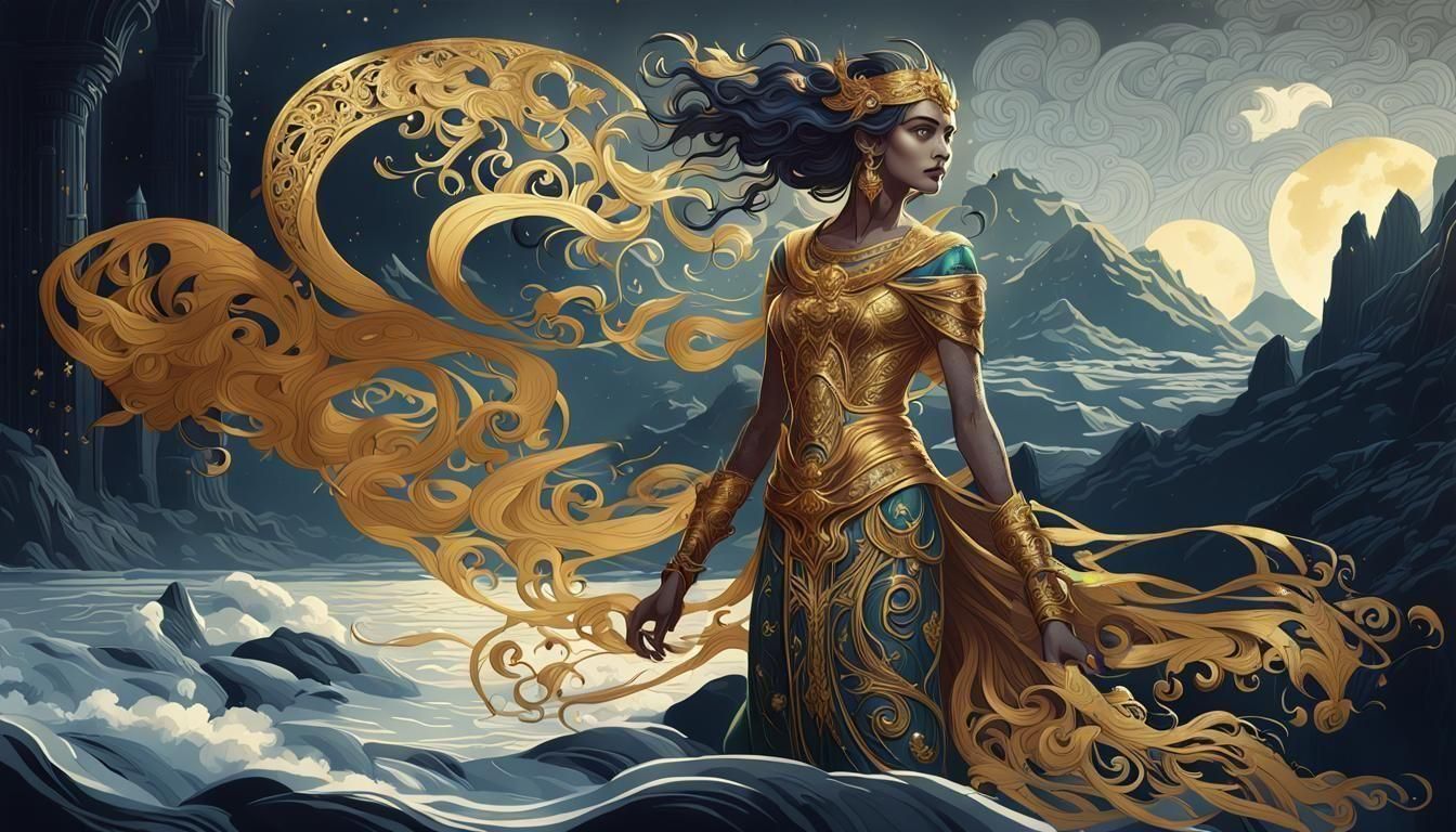 Goddesses in Art Nouveau Lithograph with Filigree