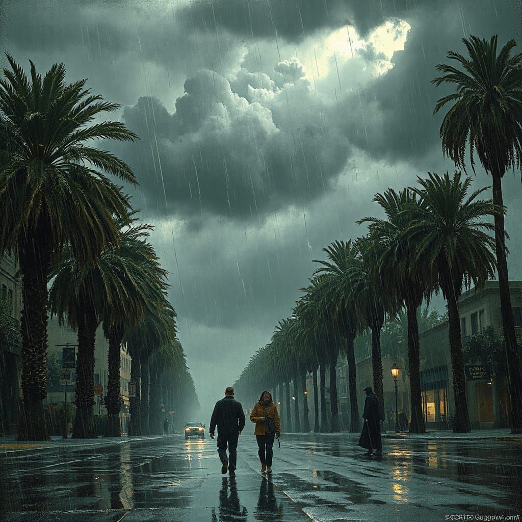 Stormy Street with Palm Trees and Rain
