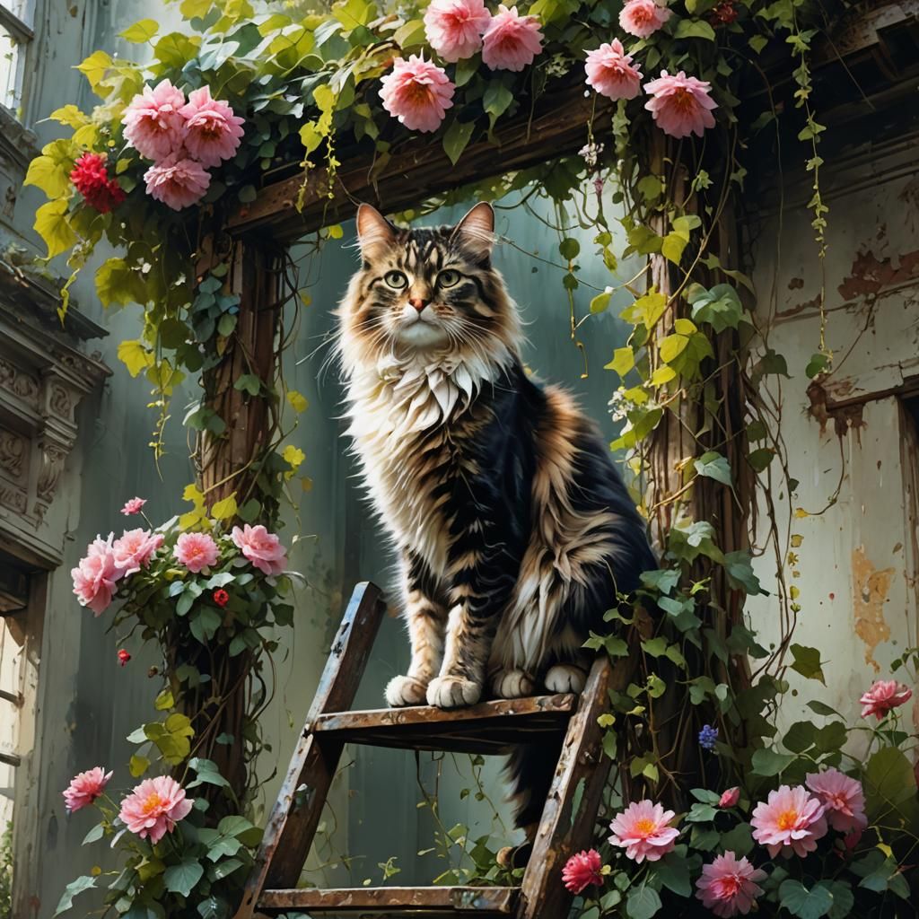 Fluffy Cat Climbs Ladder in Ornate Floral Scene