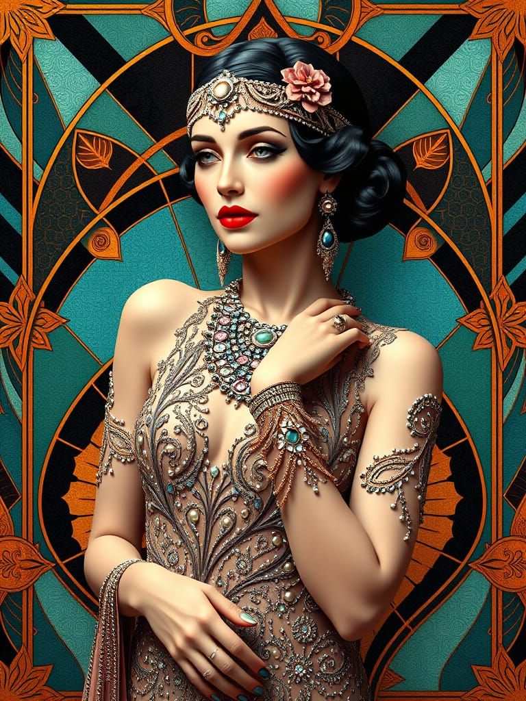 Vintage Art Deco Lady in Geometric Patterns