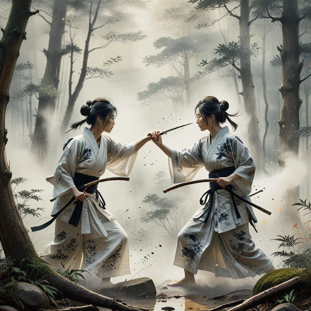 Japanese Women Fighting in Forest as Sumi-e Painting