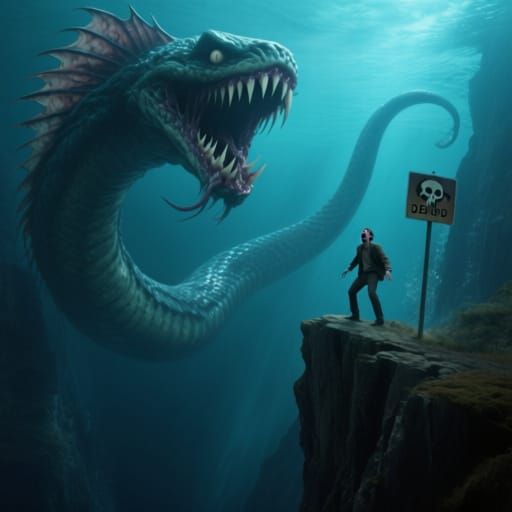 Gargantuan Nightmare Creature Over Man on Underwater Cliff