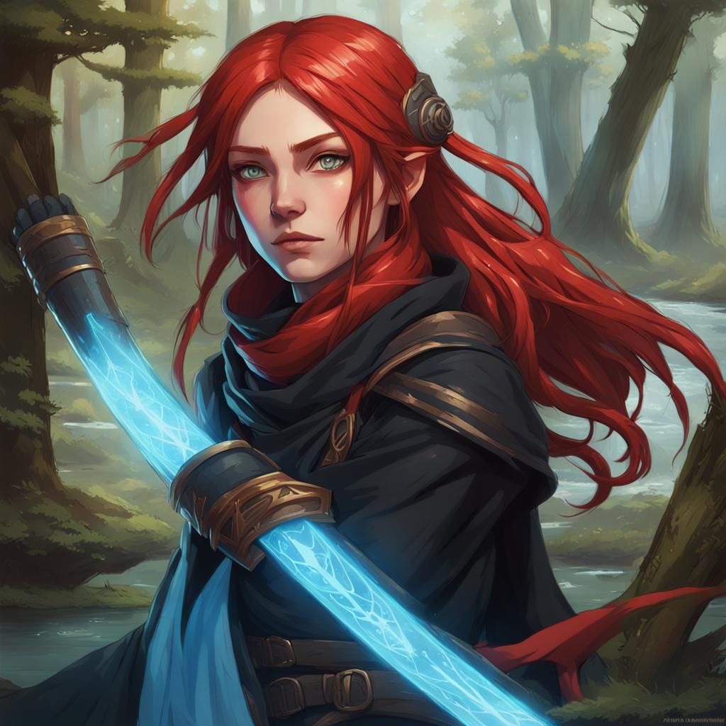 Red-Haired Princess Assassin in Mythical Forest, Digital Art