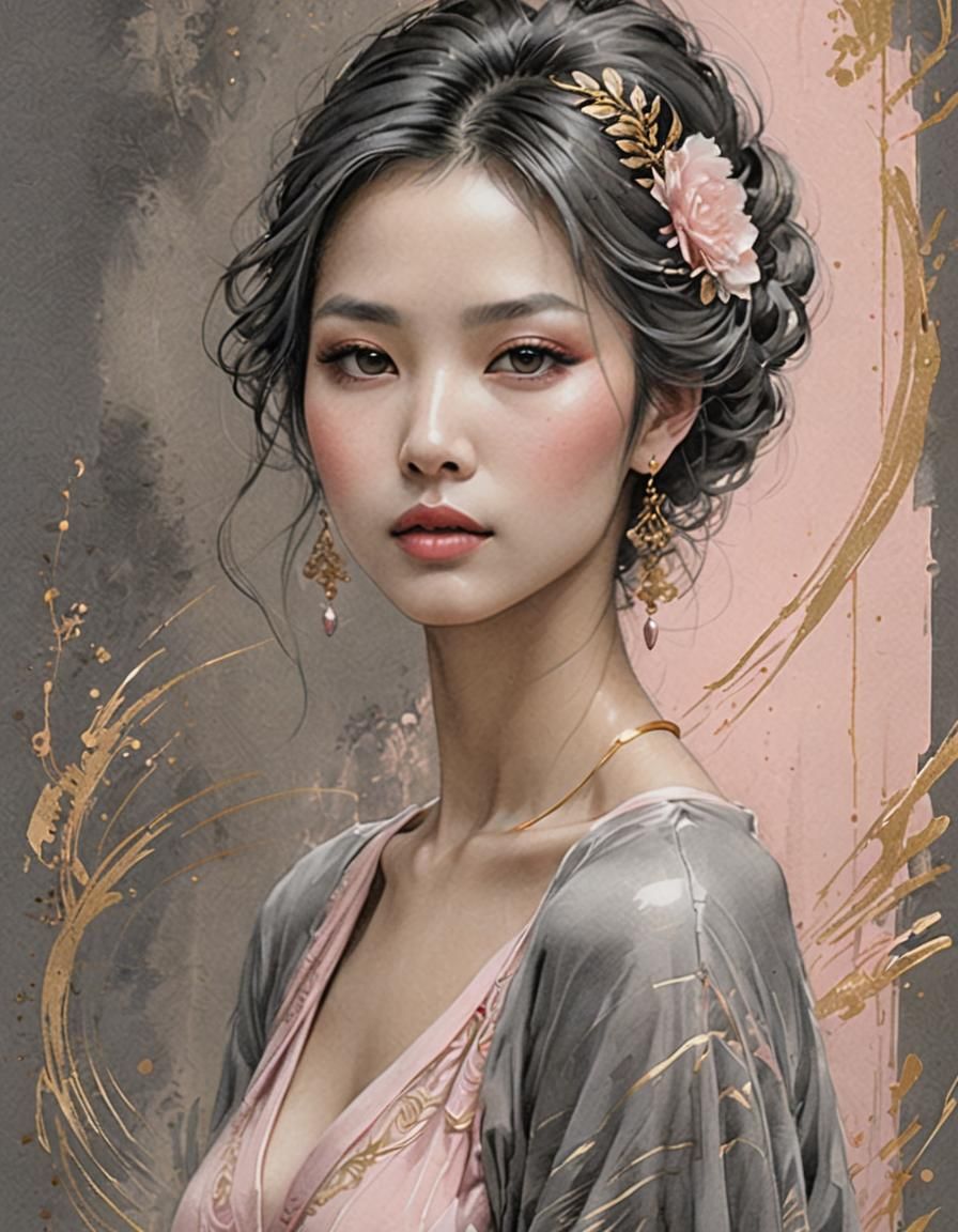 Elegant Woman Sketch with Gold Calligraphy