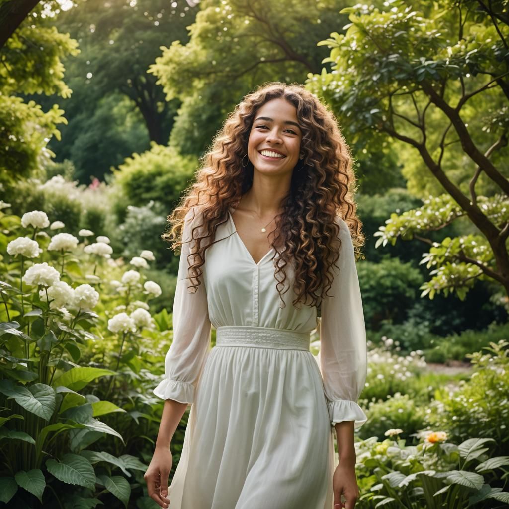 Elegant Woman in Lush Garden: Fashion Photography