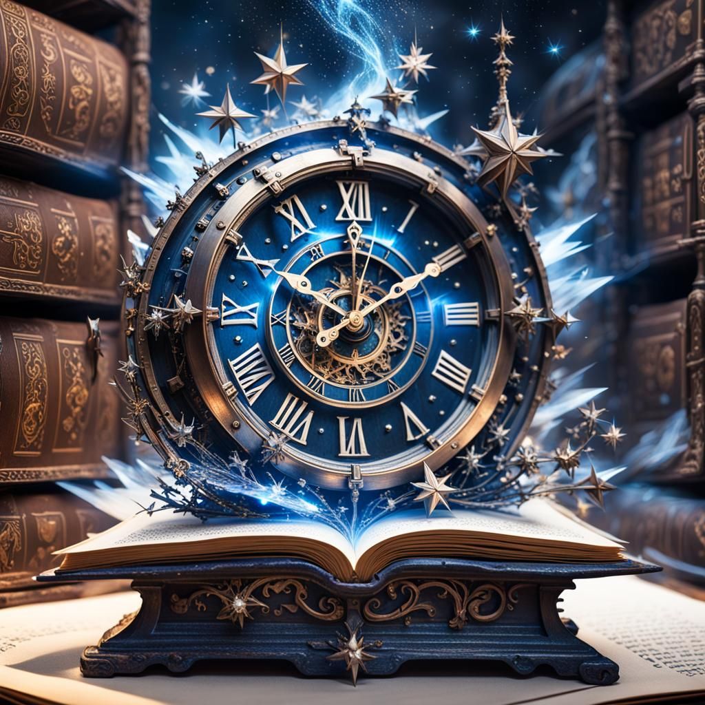 Sci-Fi Clock Escapes Book in Digital Illustration