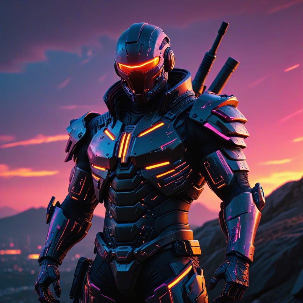 Cyberpunk Warrior at Sunset Horizon