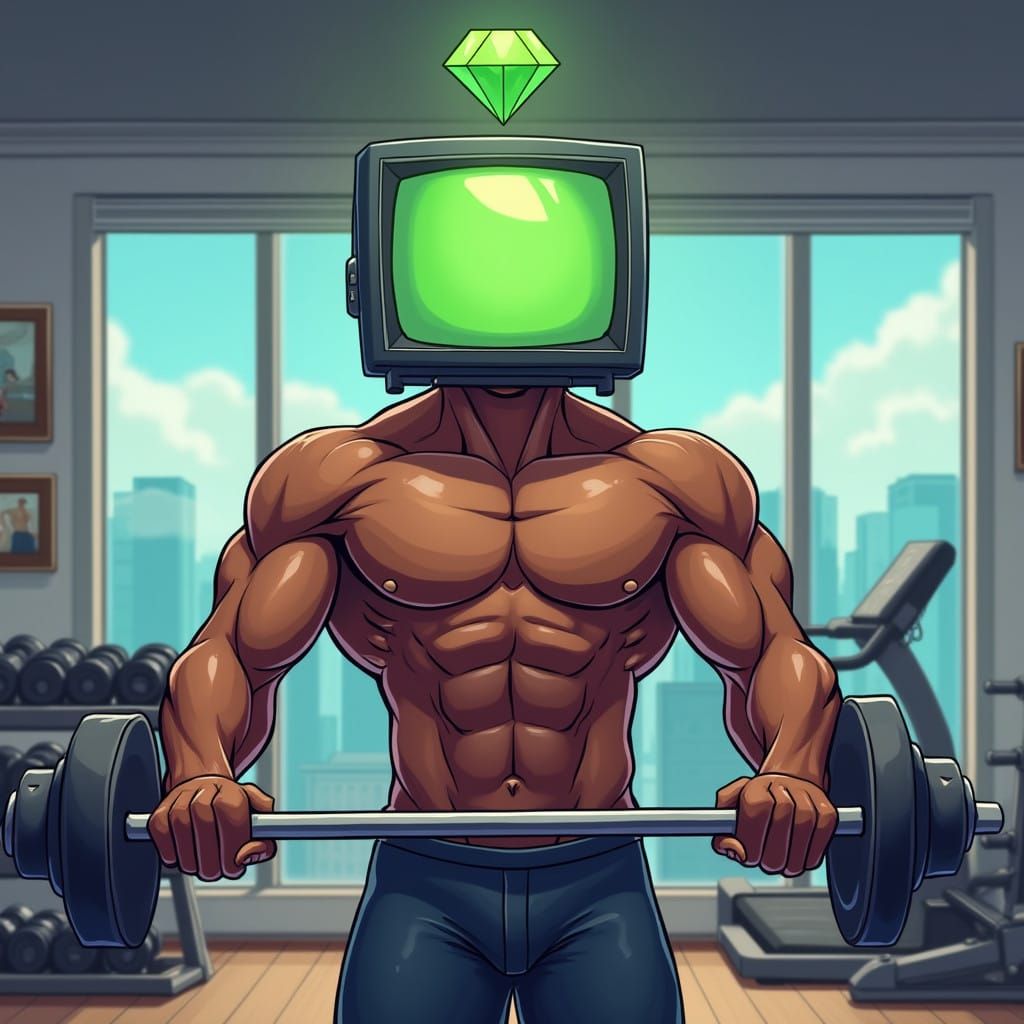 Anime-Style Gym Athlete with TV Head and Color Bars