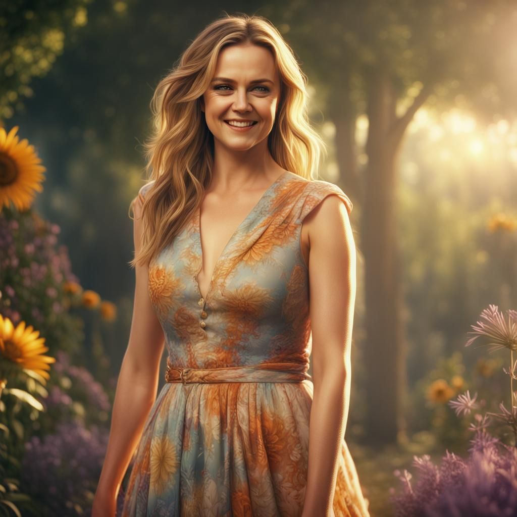 Smiling Woman in Summer Dress: Detailed Matte Painting