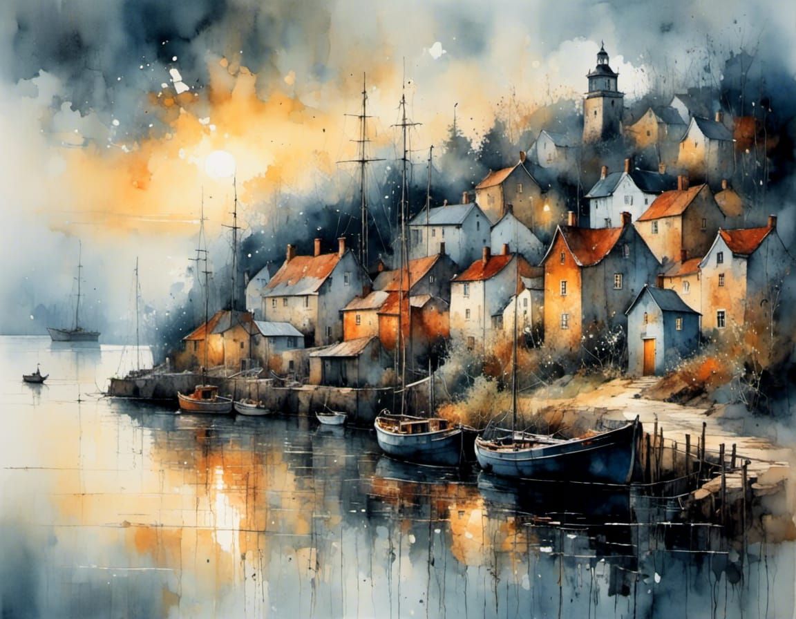 Foggy Swedish Fishing Village at Daybreak