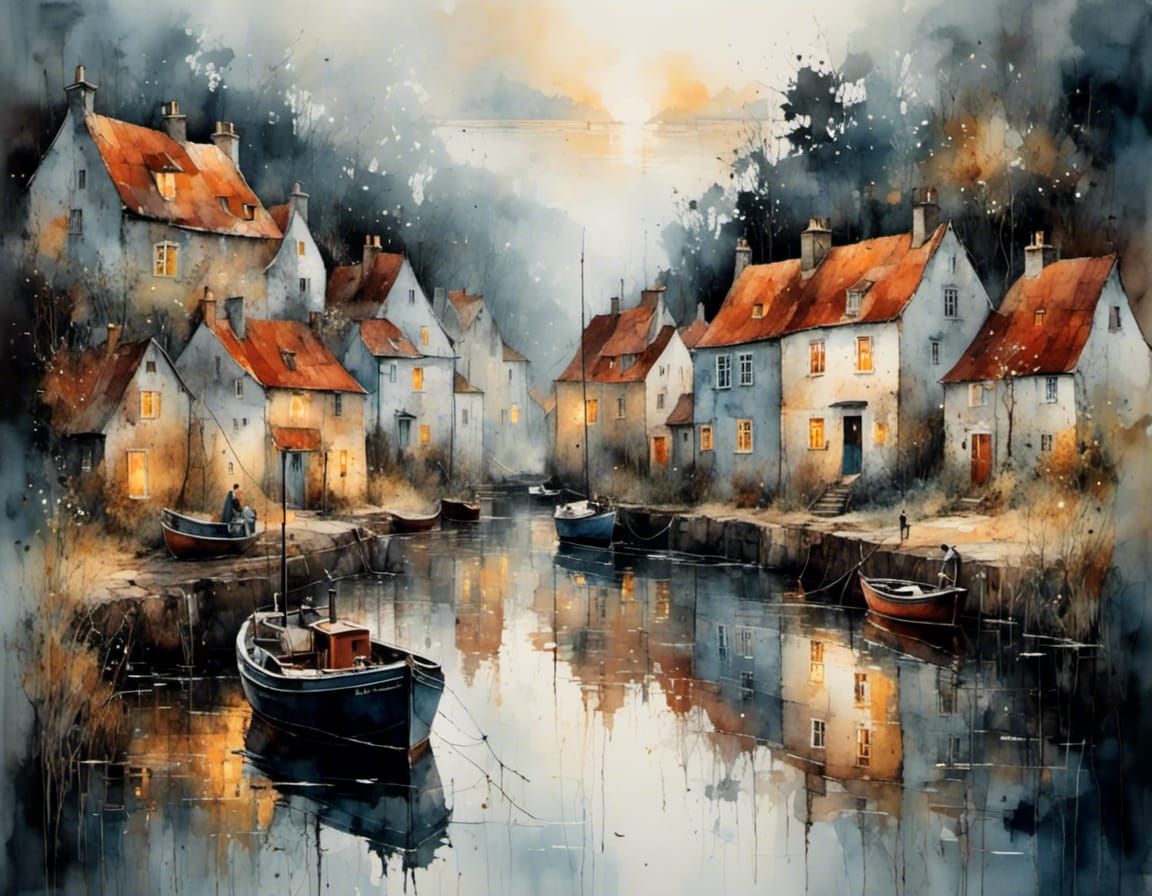 Swedish Fishing Village at Daybreak in Watercolor Style
