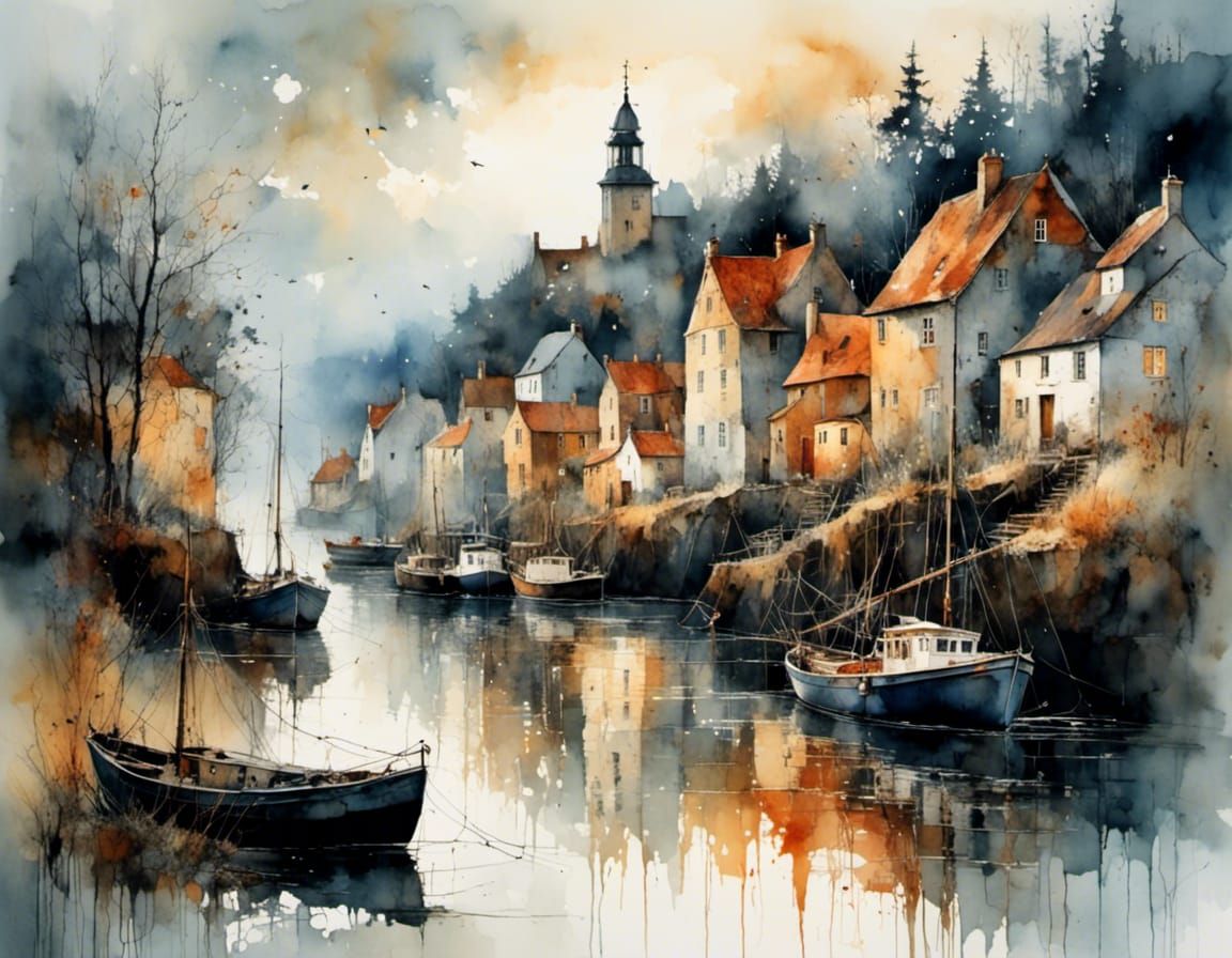 Foggy Swedish Village at Daybreak: Detailed Ink Art