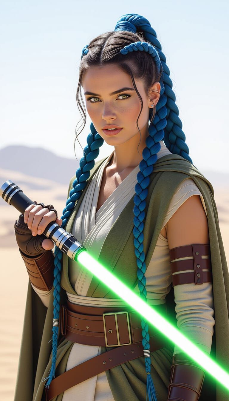 Jedi Knight with Blue Braids and Green Lightsaber on Tatooin...