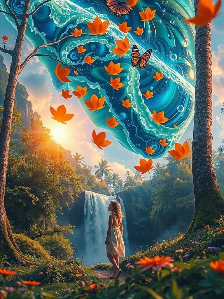 A five-year-old girl with wavy, light blonde hair flows down her back as she walks along a winding dirt path lined with ...