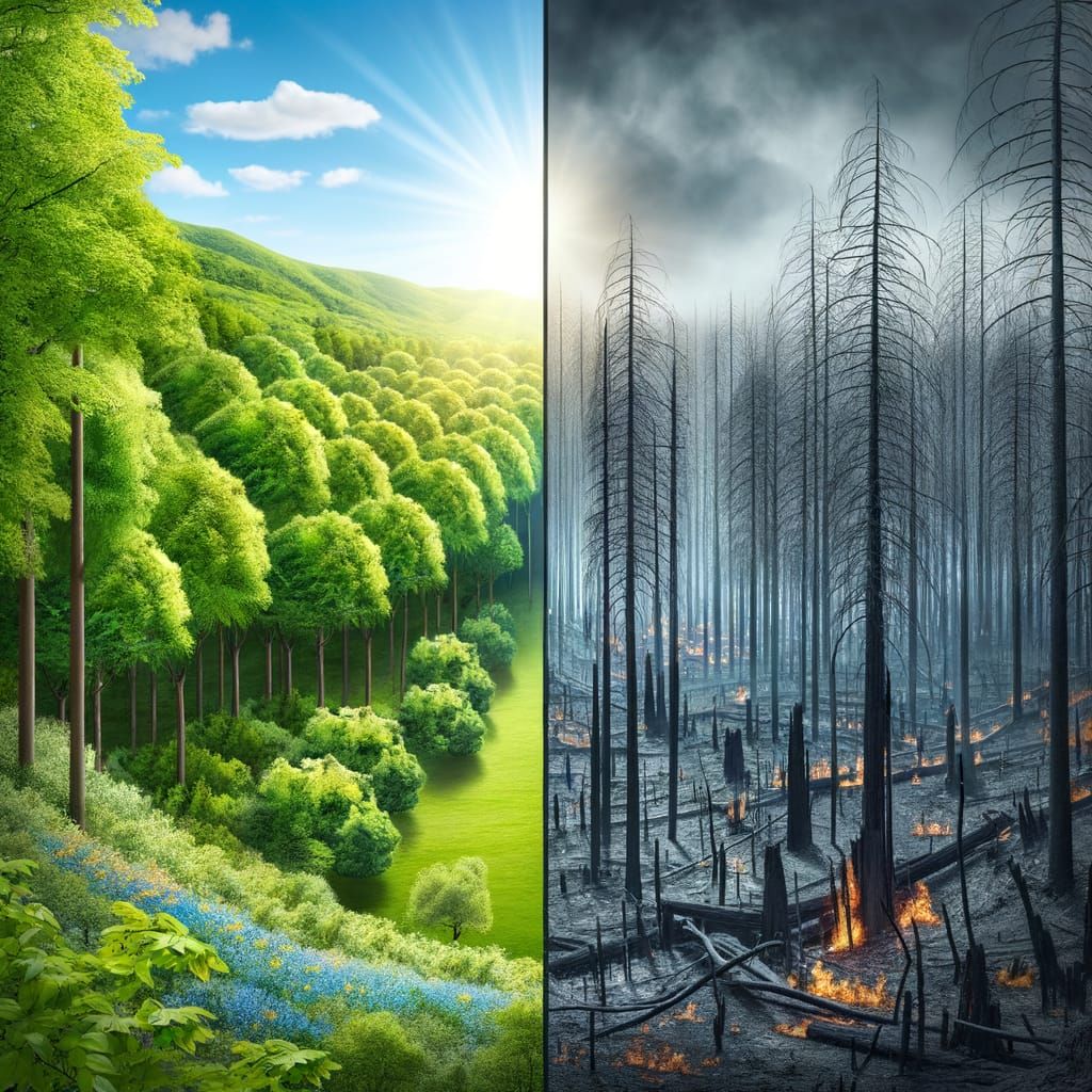 Lush Forest and Fire Devastation: A Split Image