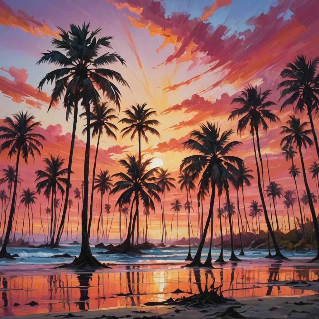 Tropical Beach Sunset Oil Painting