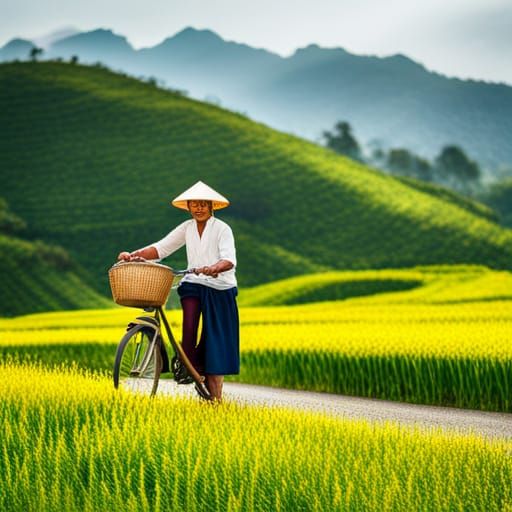 Farmer with Flowers on Bicycle Overlooking Paddy Fields