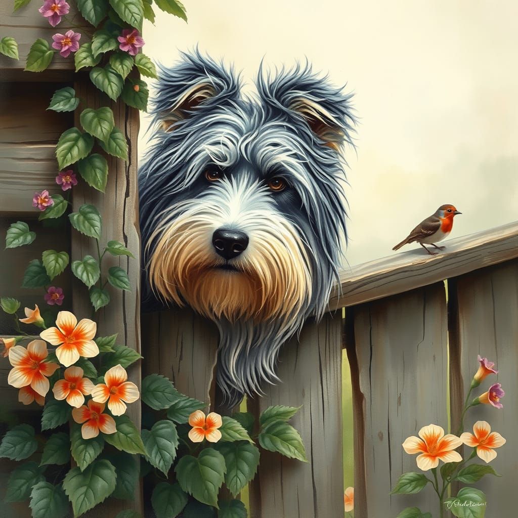 Whimsical Bearded Collie in Serene Spring Landscape