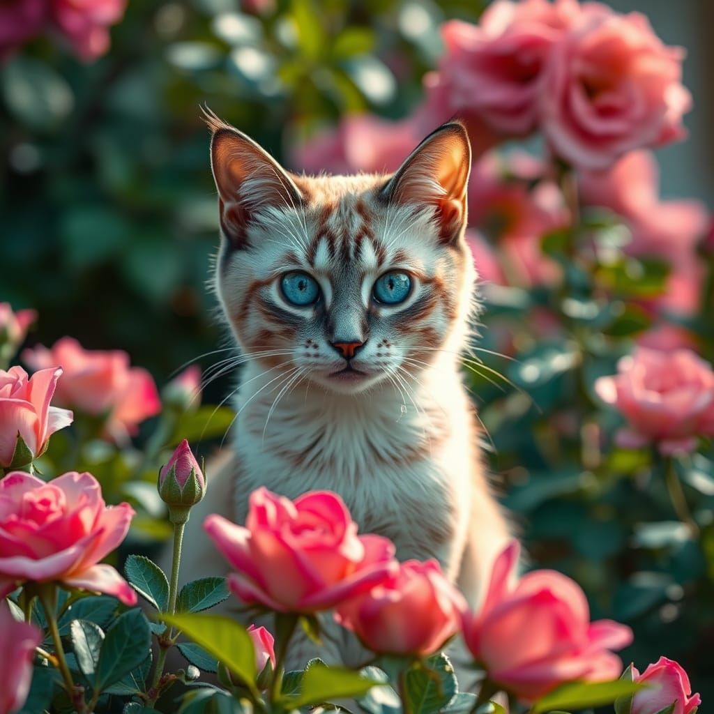 Blue-Eyed Cat in Rose Garden, Digital Art