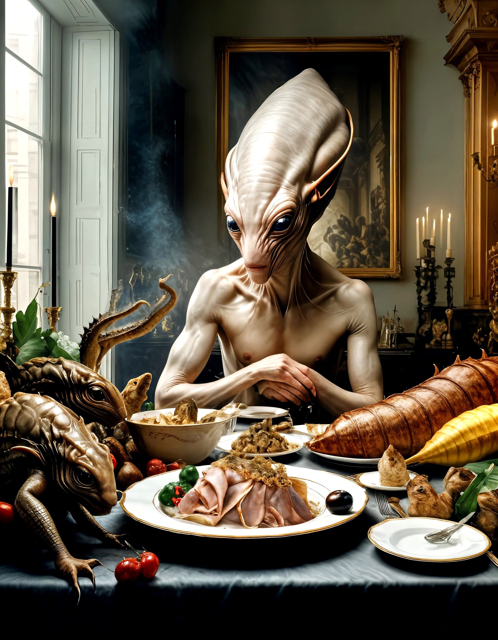 Hyperrealistic Party Scene with Aliens and Humans