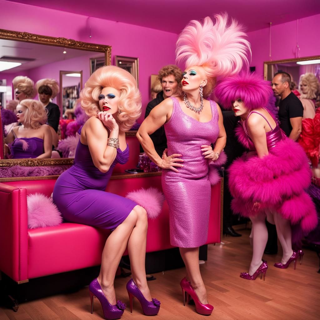 Drag Queens Kissing in Salon: Detailed Digital Art