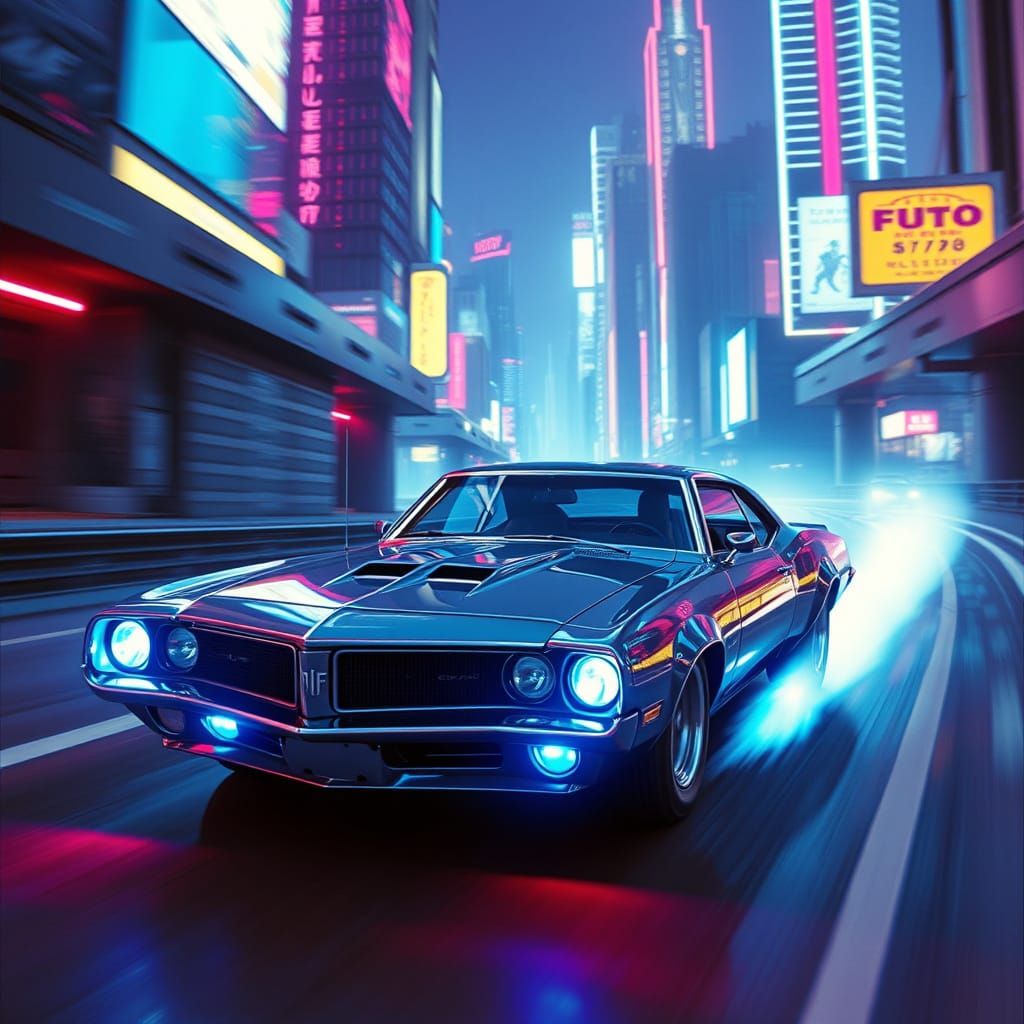 Cyberpunk Muscle Car Speeds Through Neon Cityscape