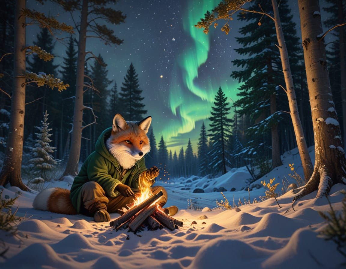 Winter Camping Scene in Magical Realism Style