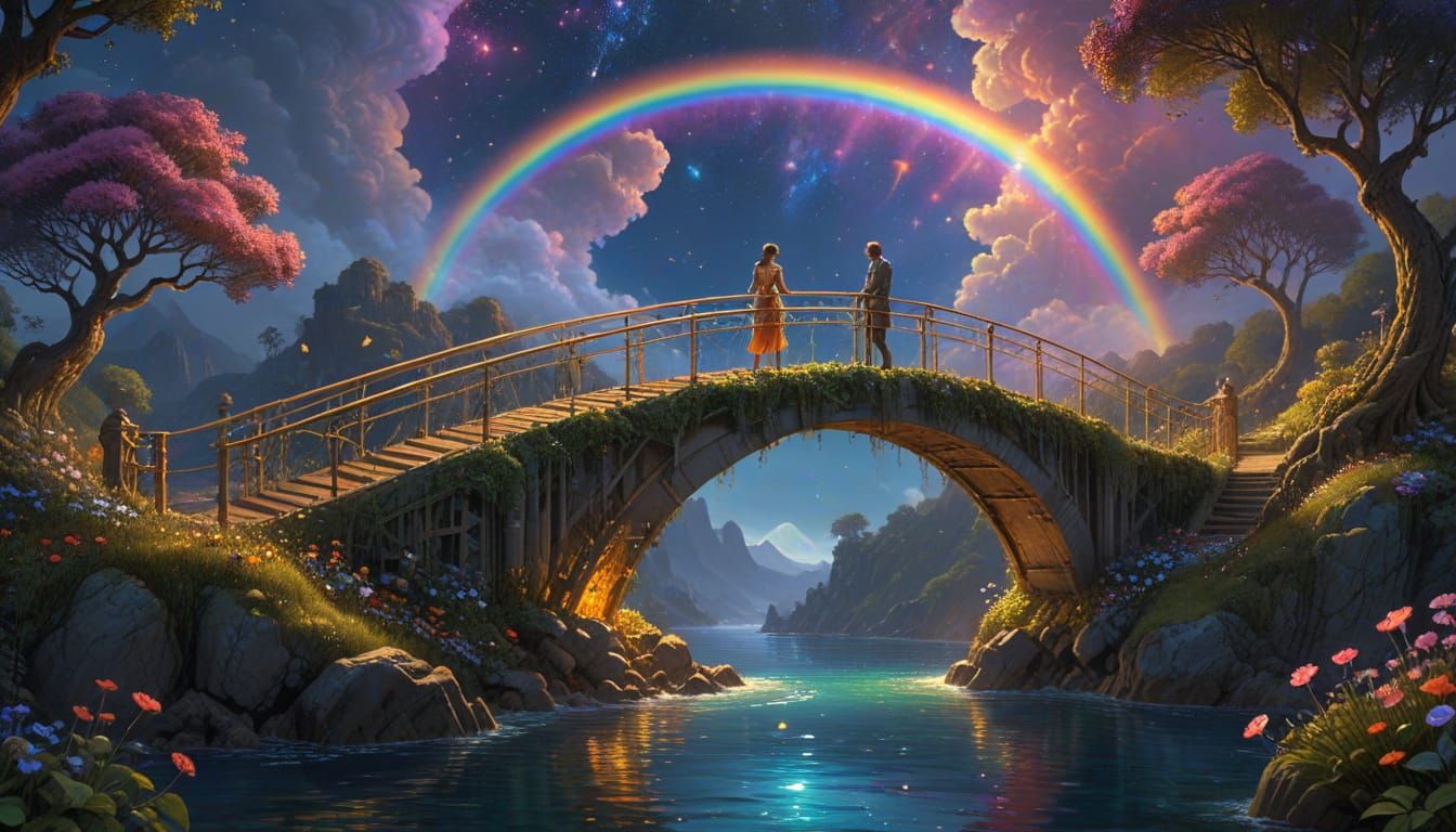 Ethereal Rainbow Bridge of Hearts in Surreal Fantasy Art