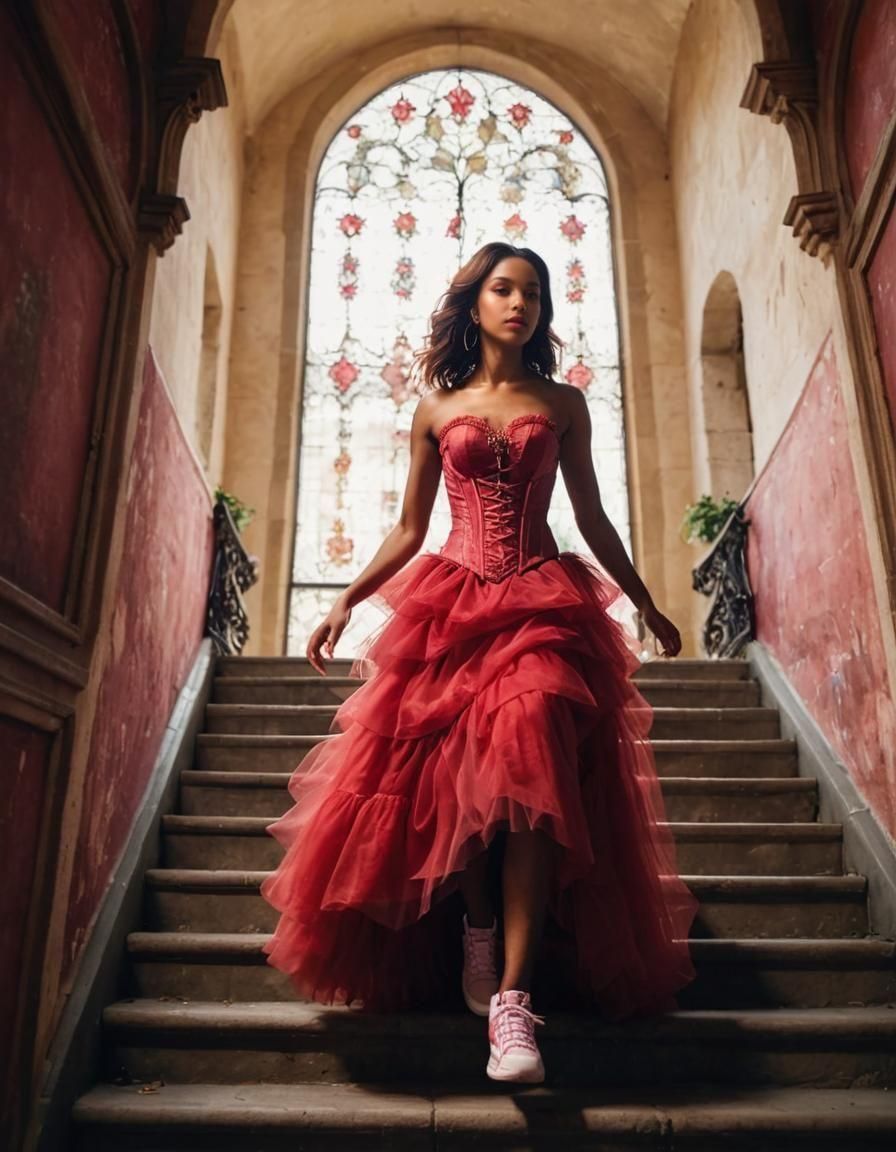 Latina in Tulle Dress Descends Castle Stairs