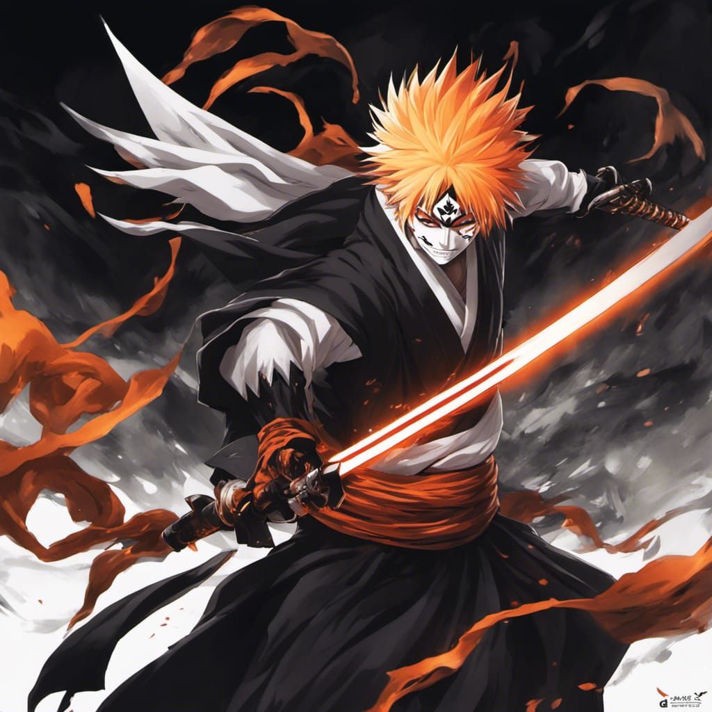 Ichigo's Hollow Mask with Black Flames in Anime Style