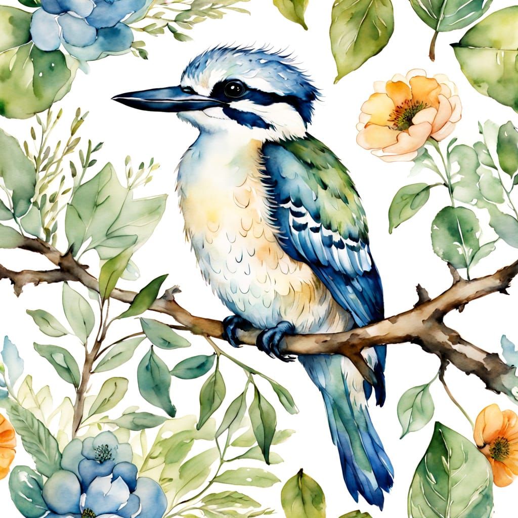 Kookaburra in Sun-Dappled Forest: Ink and Watercolour