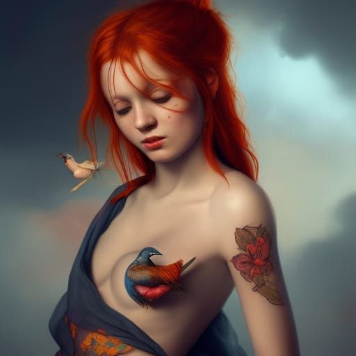 Ginger Girl with Bird Tattoo in Chiaroscuro