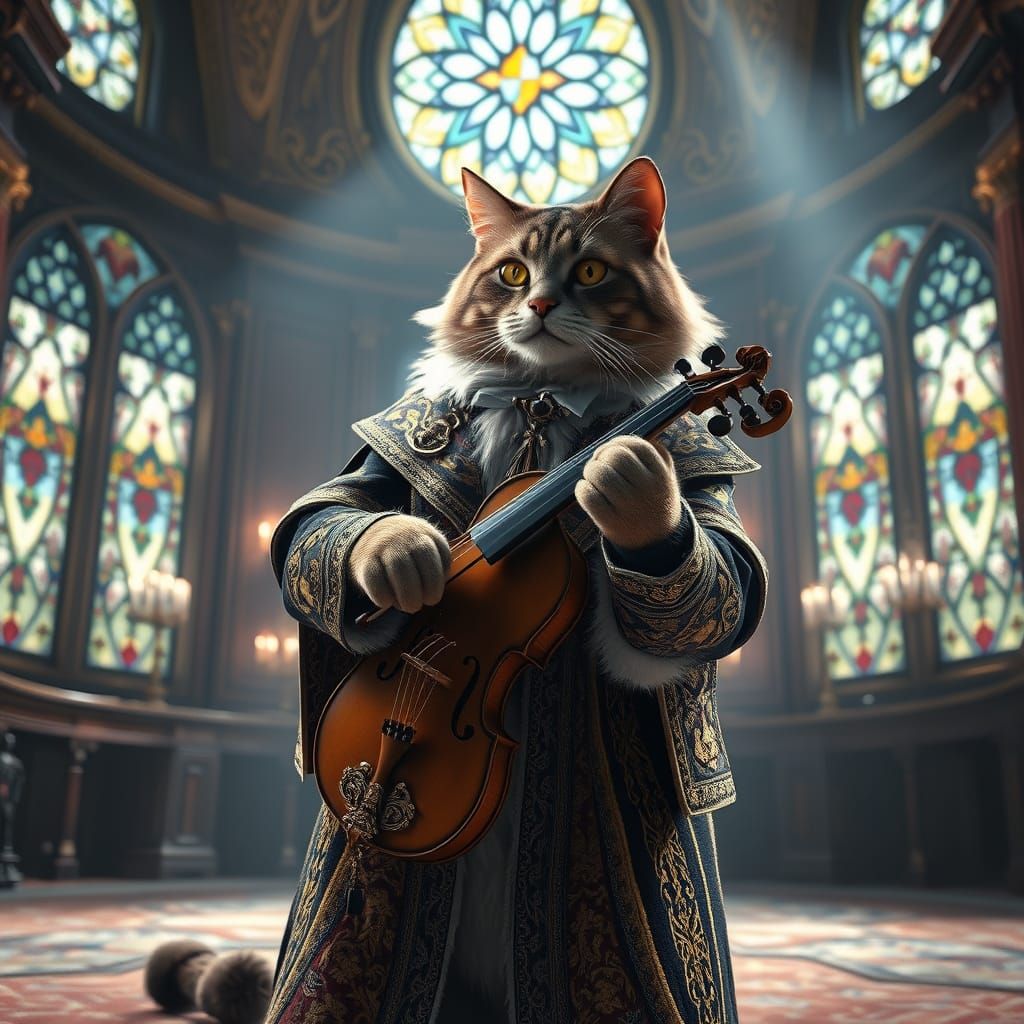 Majestic Cat Virtuoso with Fiddle in Ornate Chamber