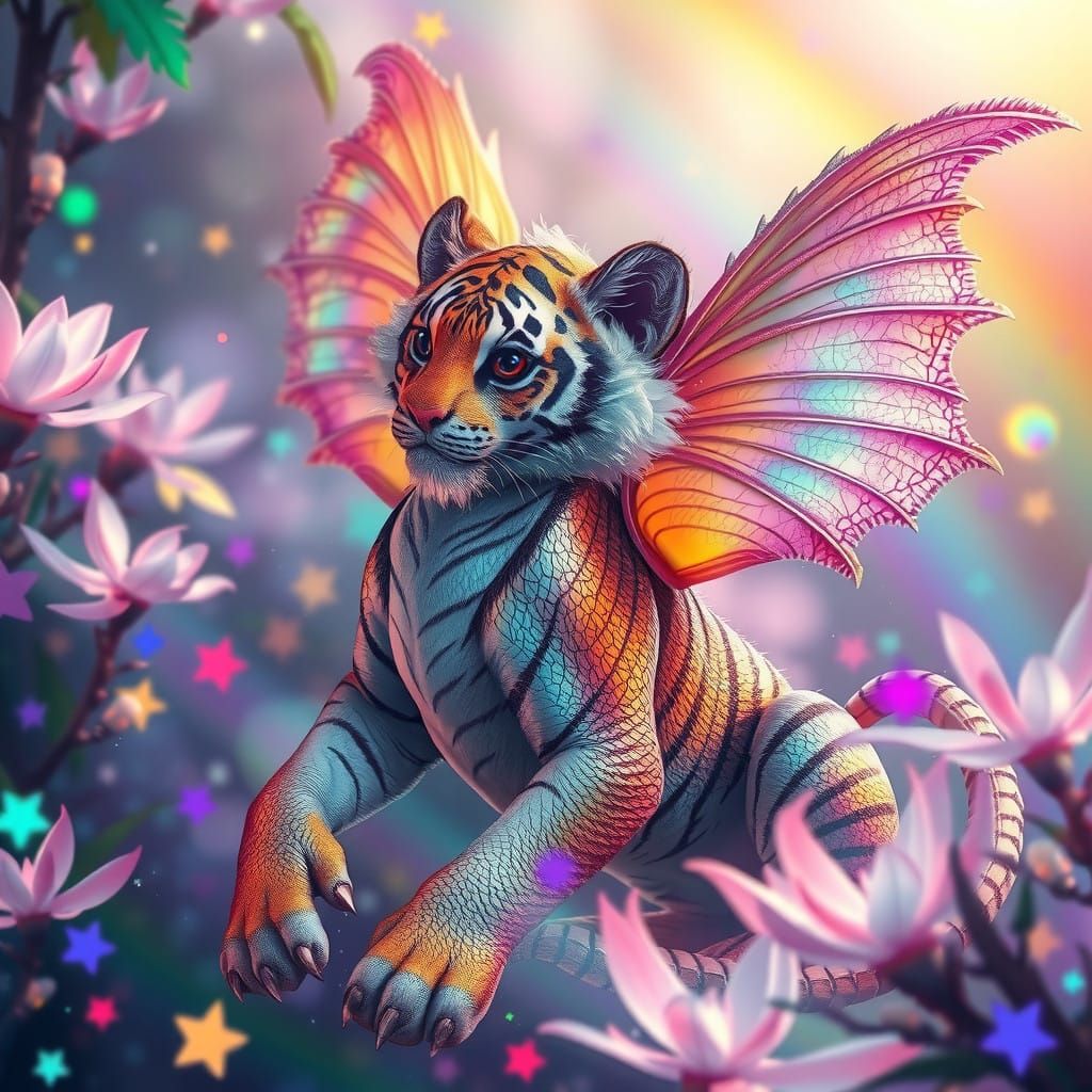 Majestic Fairy Dragon Tiger in Vibrant, Shimmering Prismatic...